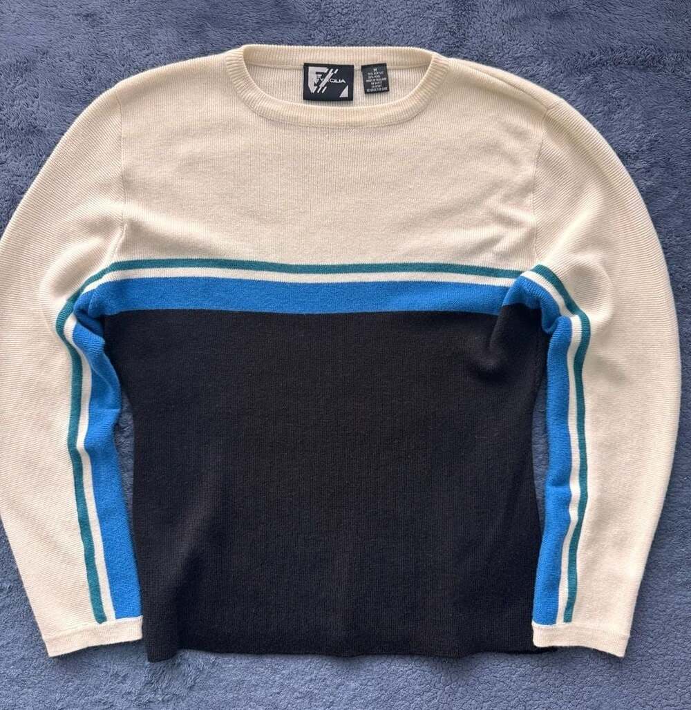 VTG Y2K Fyrolia Colorblock Crew Neck Sweater Size M BLK Blue White Knit Pullover